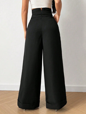 Relaxiva Solid High Waist Plicated Detail Wide Leg Pants