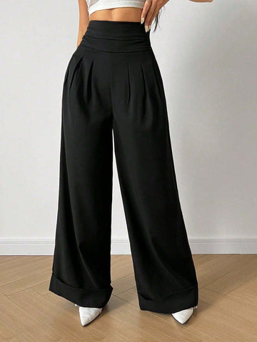 Relaxiva Solid High Waist Plicated Detail Wide Leg Pants