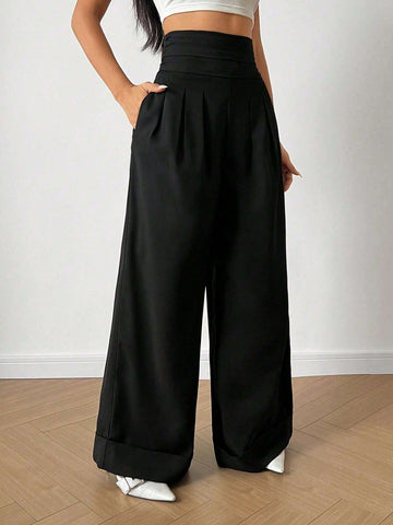 Essnce Solid Color Pleated Long Casual Pants