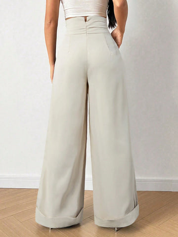 Essnce Solid Color Pleated Long Casual Pants