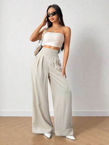 Relaxiva Solid High Waist Plicated Detail Wide Leg Pants