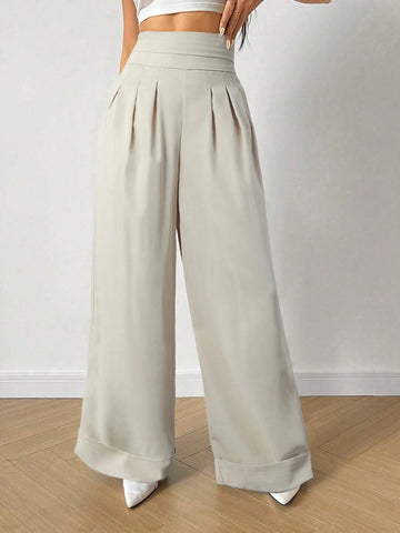 Essnce Solid Color Pleated Long Casual Pants