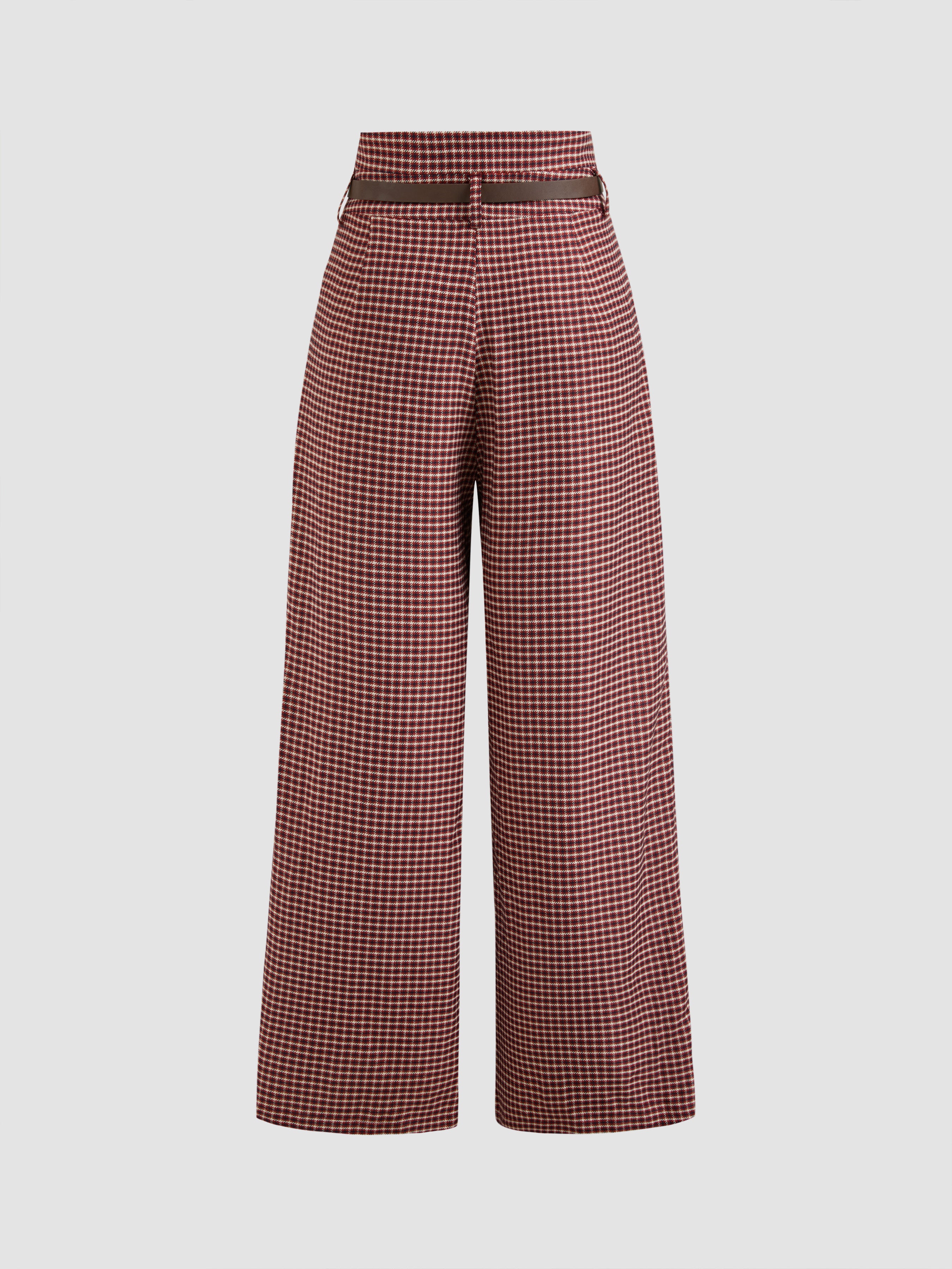 Houndstooth High Waist Belted Wide Leg Trousers