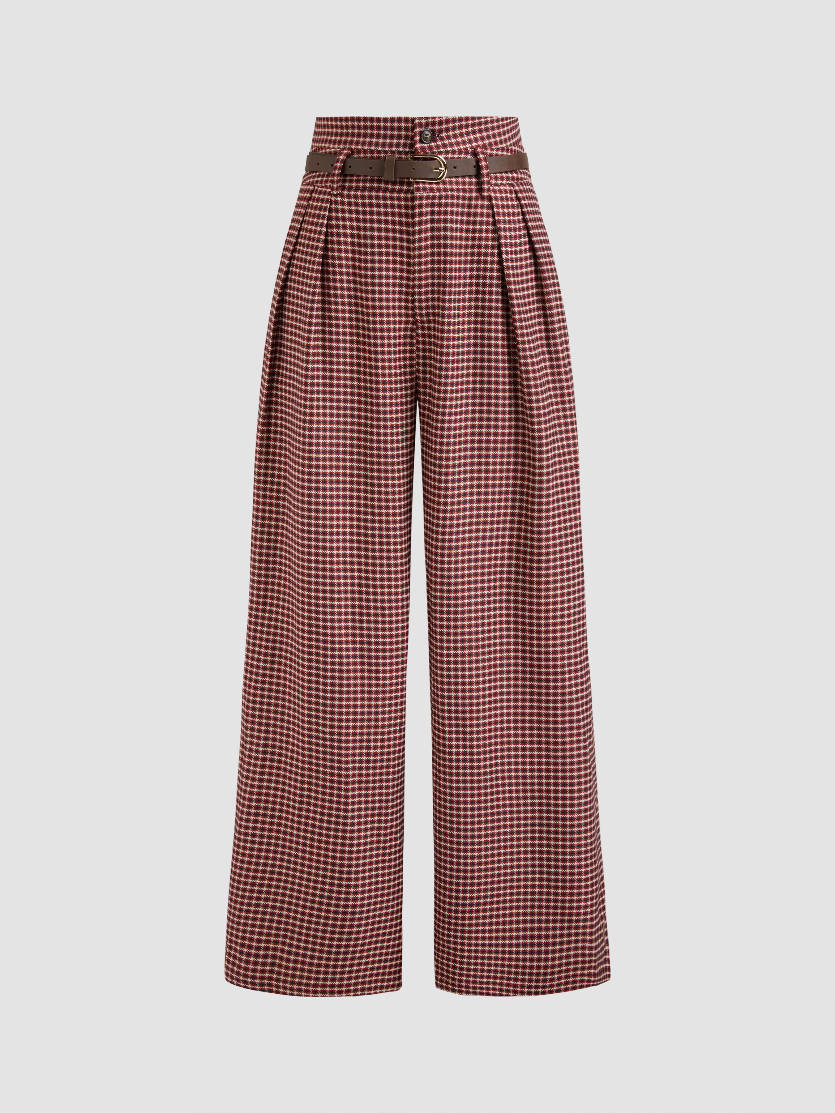 Houndstooth High Waist Belted Wide Leg Trousers