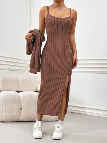 MOOSTA Fleece Casual Simple Spaghetti Strap Dress And Coat