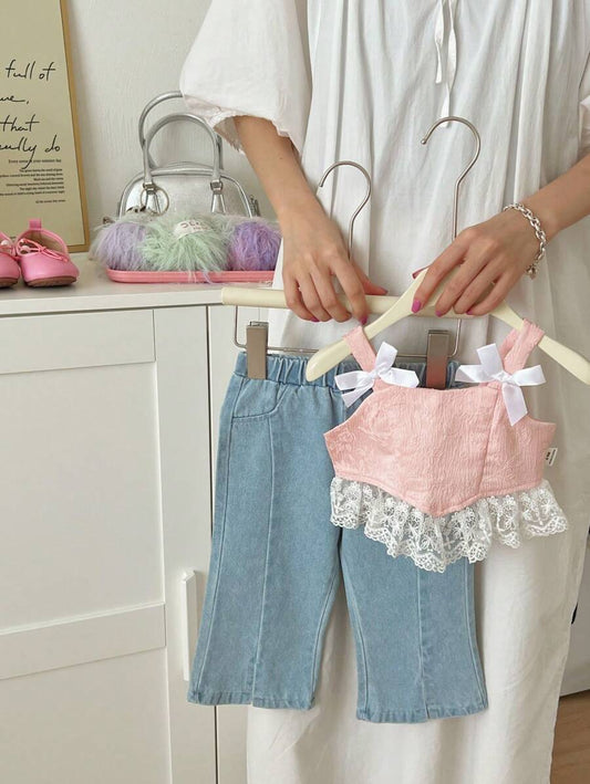 Baby Girls' Fashionable Denim Overalls With Lace Bowknot Tank Top Set