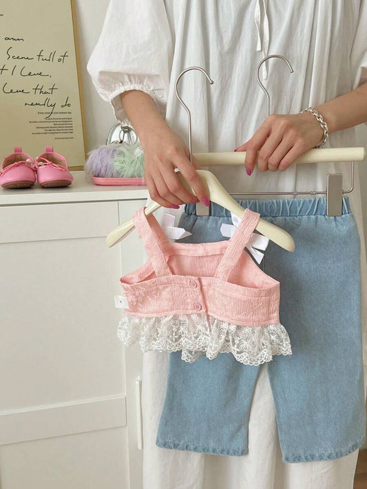 Baby Girls' Fashionable Denim Overalls With Lace Bowknot Tank Top Set