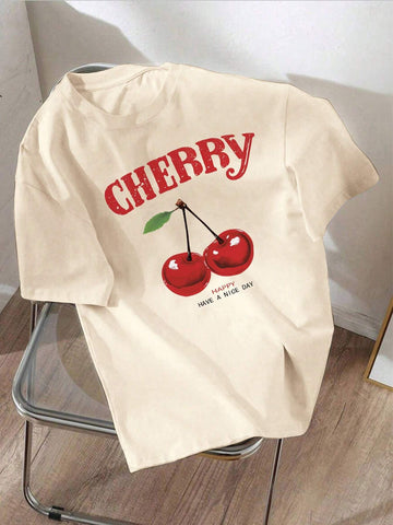 EZwear Oversized Casual Cherry Pattern Round Neck Short Sleeve T-Shirt