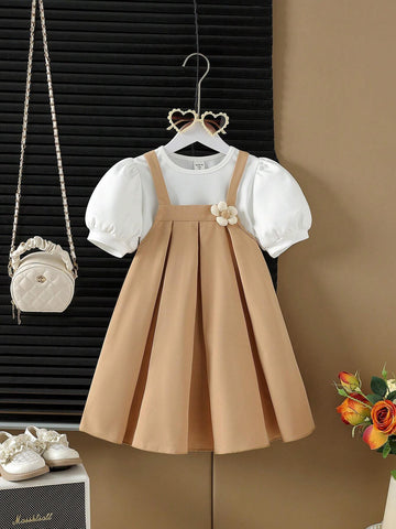 Young Girl Puff Sleeve Shirt With Flower Decoration Suspender A-Line Skirt Set