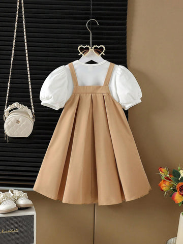 Young Girl Puff Sleeve Shirt With Flower Decoration Suspender A-Line Skirt Set