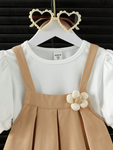 Young Girl Puff Sleeve Shirt With Flower Decoration Suspender A-Line Skirt Set