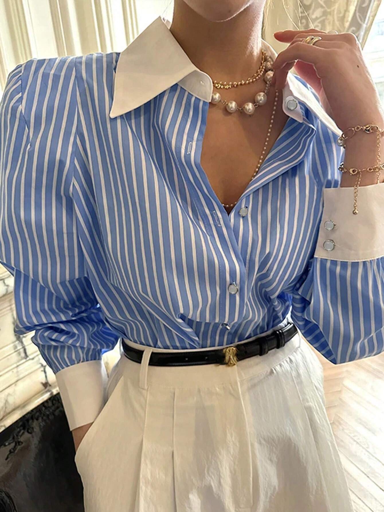 Women's Striped Long Sleeve Loose Pocket Casual Shirt