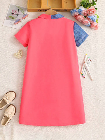 Tween Girl Fashionable Color Block Stationery Pattern Printed Short Sleeve Dress