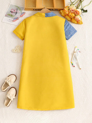 Tween Girl Fashionable Color Block Stationery Pattern Printed Short Sleeve Dress