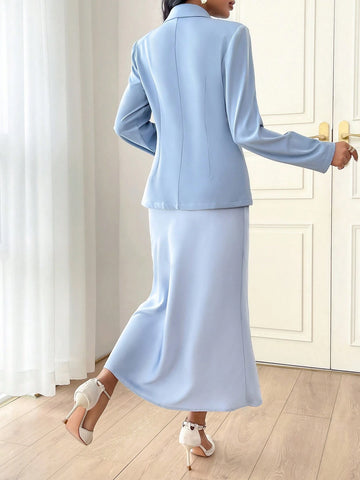 Modely Ladies' Solid Color Simple Daily Wear Suit With Long Sleeve Jacket And Dress