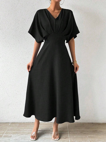 Privé V-Neck Pleated Batwing Sleeve Dress