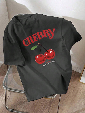 EZwear Oversized Casual Cherry Pattern Round Neck Short Sleeve T-Shirt