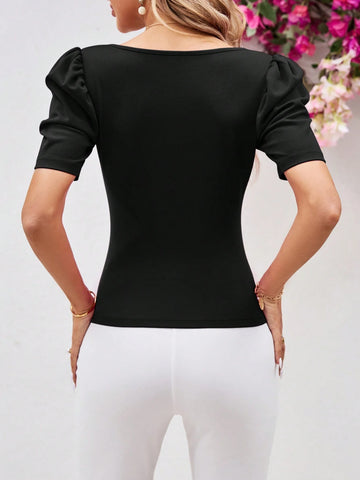 Clasi Ladies' Slim-Fit Sweetheart Neck Top With Mutton Sleeves