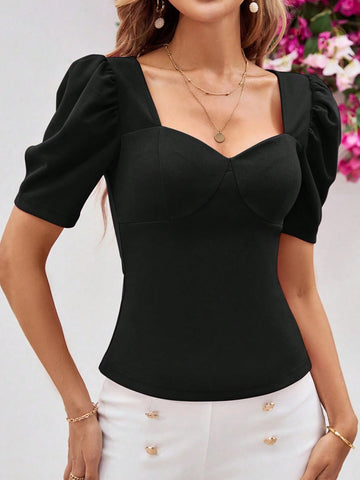 Clasi Ladies' Slim-Fit Sweetheart Neck Top With Mutton Sleeves