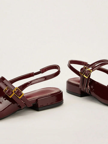 Holiday-Style Wine Red Round Toe Buckled Flat Shoes