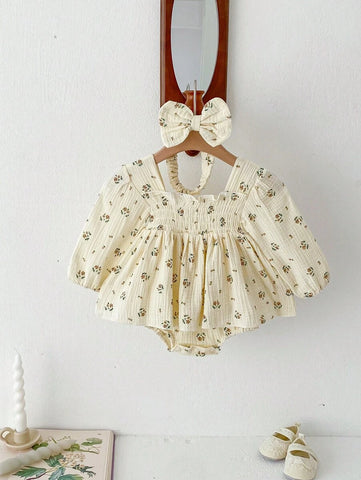 Floral Romper Princess Bodysuit Dress With Cute Ruffled Bottoms
