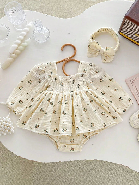 Floral Romper Princess Bodysuit Dress With Cute Ruffled Bottoms