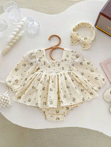 Floral Romper Princess Bodysuit Dress With Cute Ruffled Bottoms