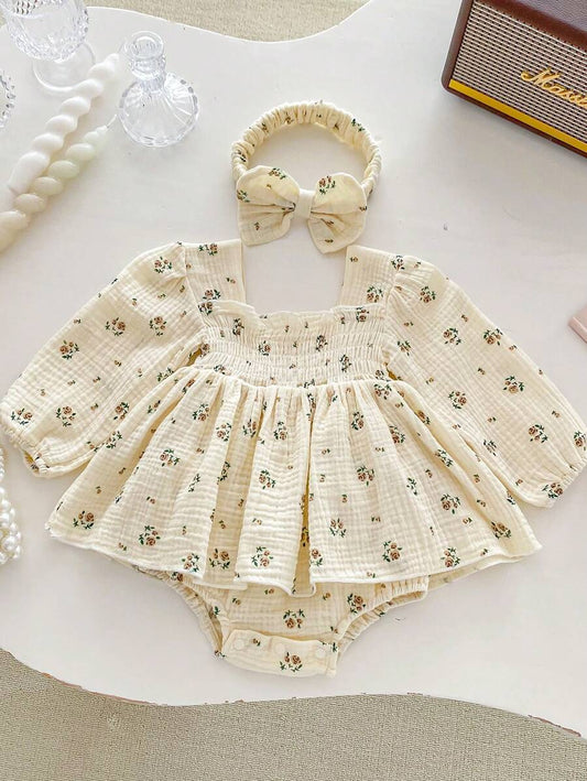 Floral Romper Princess Bodysuit Dress With Cute Ruffled Bottoms