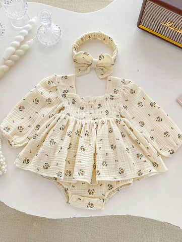 Floral Romper Princess Bodysuit Dress With Cute Ruffled Bottoms