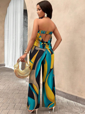 Slayr Geo Print Draped Back Tube Top & Wide Leg Pants Set