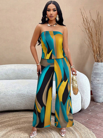 Slayr Geo Print Draped Back Tube Top & Wide Leg Pants Set