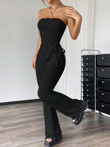 EZwear 2pcs Casual Solid Color Ruched Asymmetric Hem Tube Top And Flared Pants Set