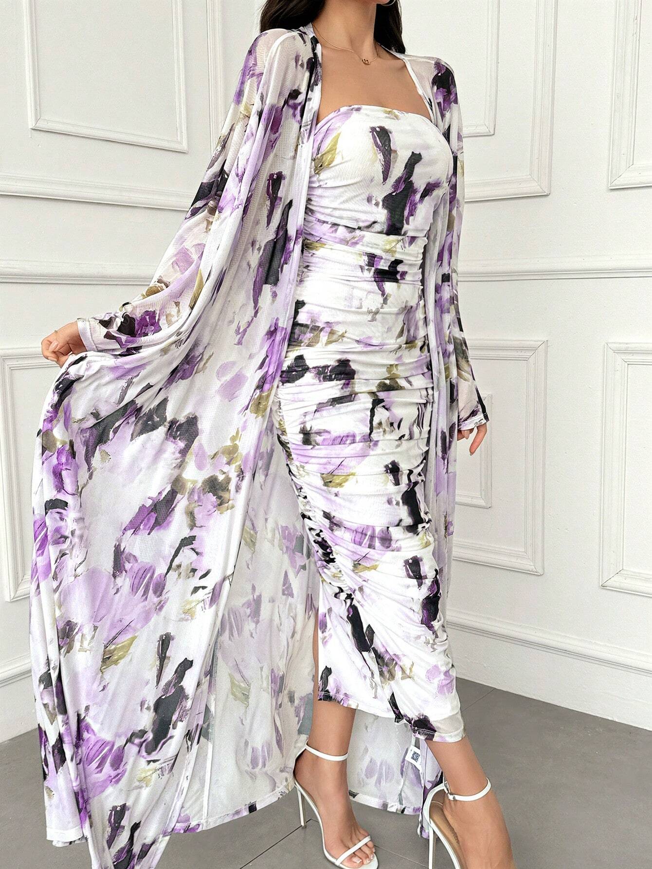 Modely Allover Print Tube Bodycon Dress & Open Front Coat