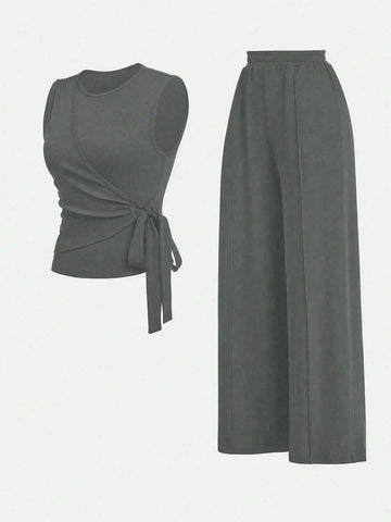 2pcs Set Women Solid Color Side Tie Tank Top And Wide Leg Pants