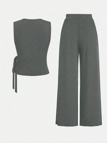 2pcs Set Women Solid Color Side Tie Tank Top And Wide Leg Pants