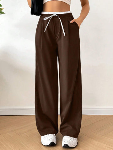 EZwear Women's Lace-Up Pleated Casual Daily Wear Long Pants