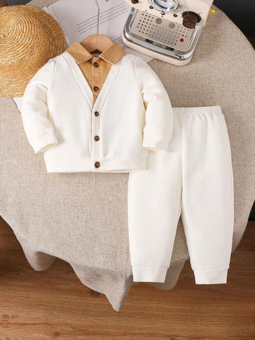 2pcs/Set Casual Knit Splice Lapel Jacket And Pants Suit For Baby Boys