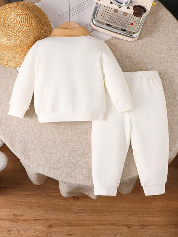 2pcs/Set Casual Knit Splice Lapel Jacket And Pants Suit For Baby Boys