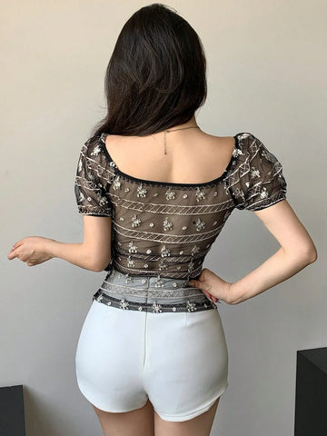 DAZY Mesh Embroidered See-Through Short Sleeve Slim Fit Women Top