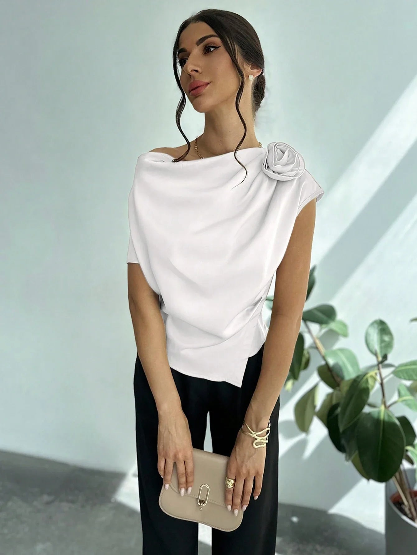 Firerie Women's Off-Shoulder Stand Collar Embroidered Elegant Blouse