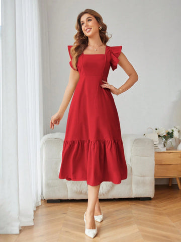 Rosie Solid Color Square Neck Ruffle Armhole And Hemline Dress