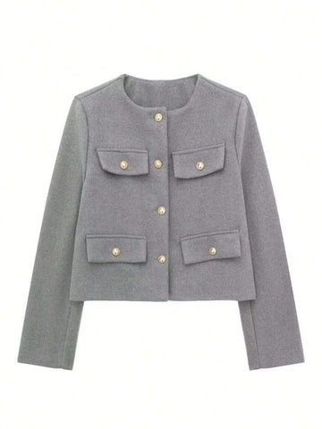 Women's Elegant Casual Tweed Jacket Round Neckline Decorated Long Sleeves Solid Colour Coat