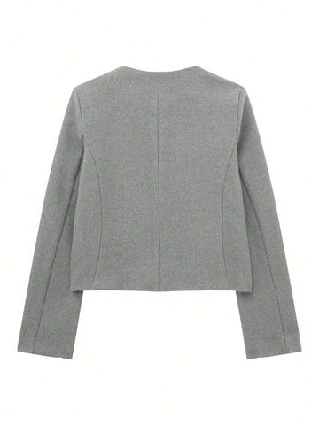 Women's Elegant Casual Tweed Jacket Round Neckline Decorated Long Sleeves Solid Colour Coat