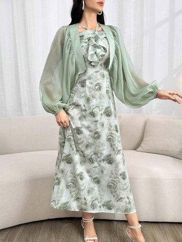 Modely Women's Summer Elegant Solid Color Lantern Sleeve Top With Floral Print Halter Dress Set