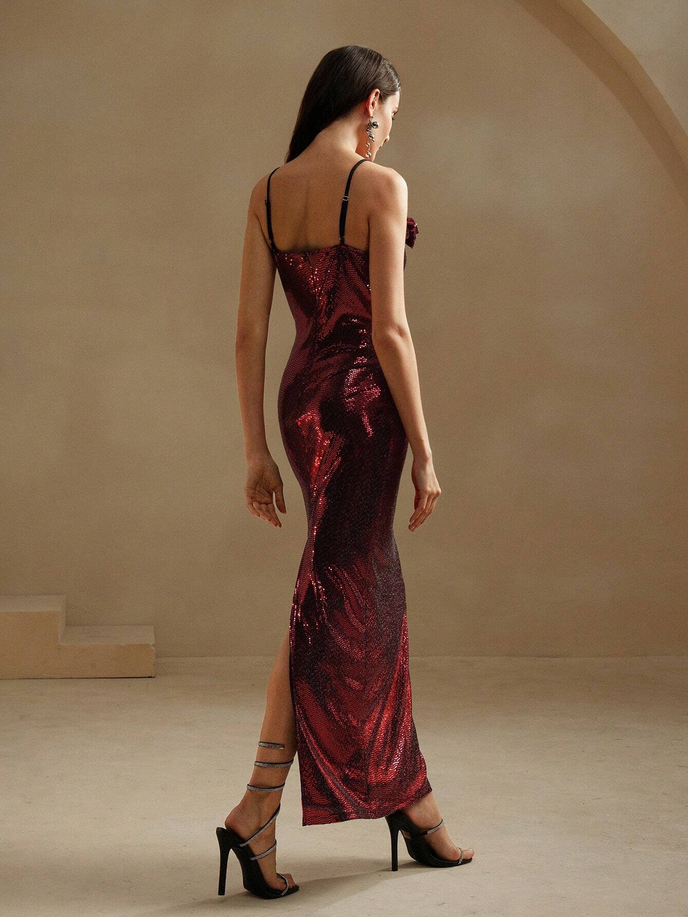 Anewsta Elegant & Sexy Deep V-Necked Sequined 3D Flower Backless Women's Dress