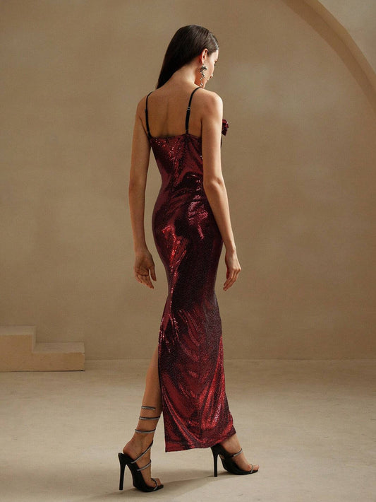 Anewsta Elegant & Sexy Deep V-Necked Sequined 3D Flower Backless Women's Dress