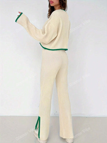 Women's Casual Chic Short Sleeve Contrast Color Side Slit Knit Suit