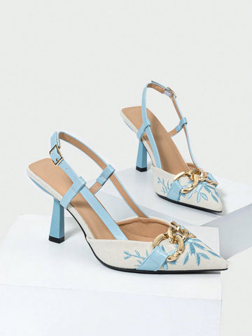 Women's Embroidery Chain Decor Pointed Toe Slip-On High Heel Sandals
