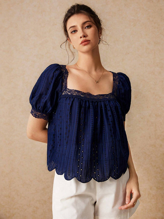 Floral Embroidery, Square Neck Lace Trim Puff Short Sleeve Scalloped Eyelet Design Blouse