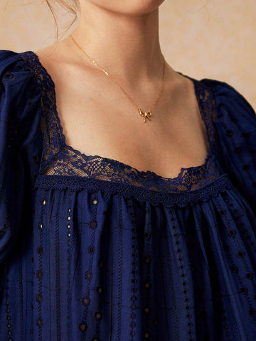 Floral Embroidery, Square Neck Lace Trim Puff Short Sleeve Scalloped Eyelet Design Blouse